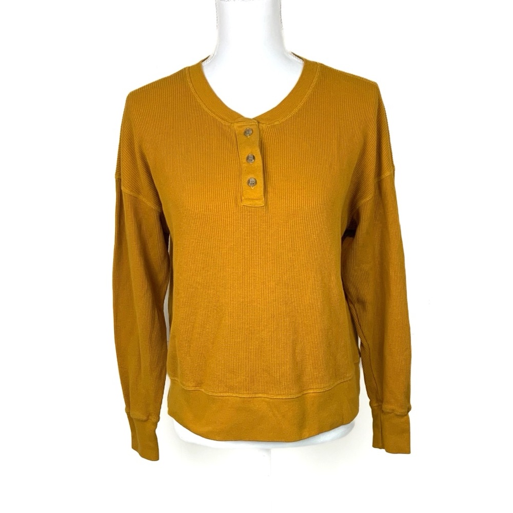 Lou & Grey Women XS Waffle Knit Henley Top Long Sleeve Relaxed Crop Mustard Gold